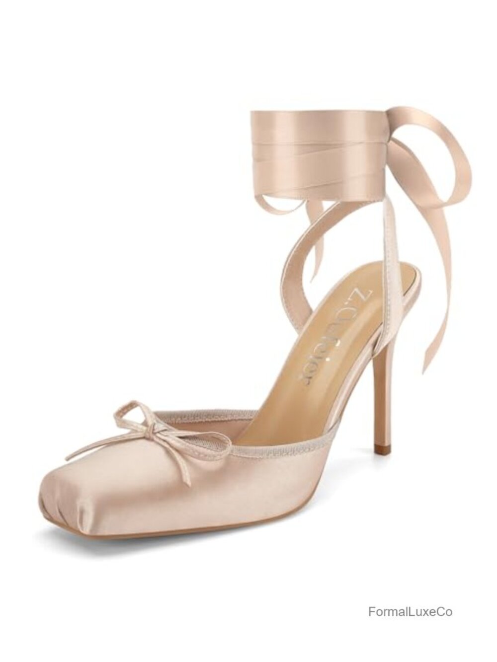 Satin Ballet Heels with Bow Stiletto Square Toe Lace Up Ankle Strap Mary Janes